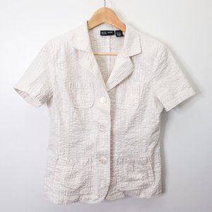 Shimmery Pinstripe Button Up Short Sleeve Shirt Blouse